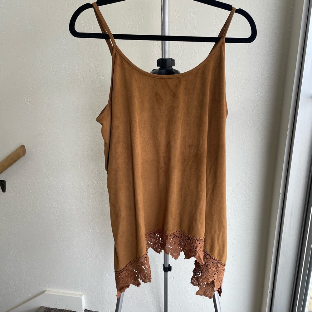 Suede tank top, shark bite hem with crochet detail